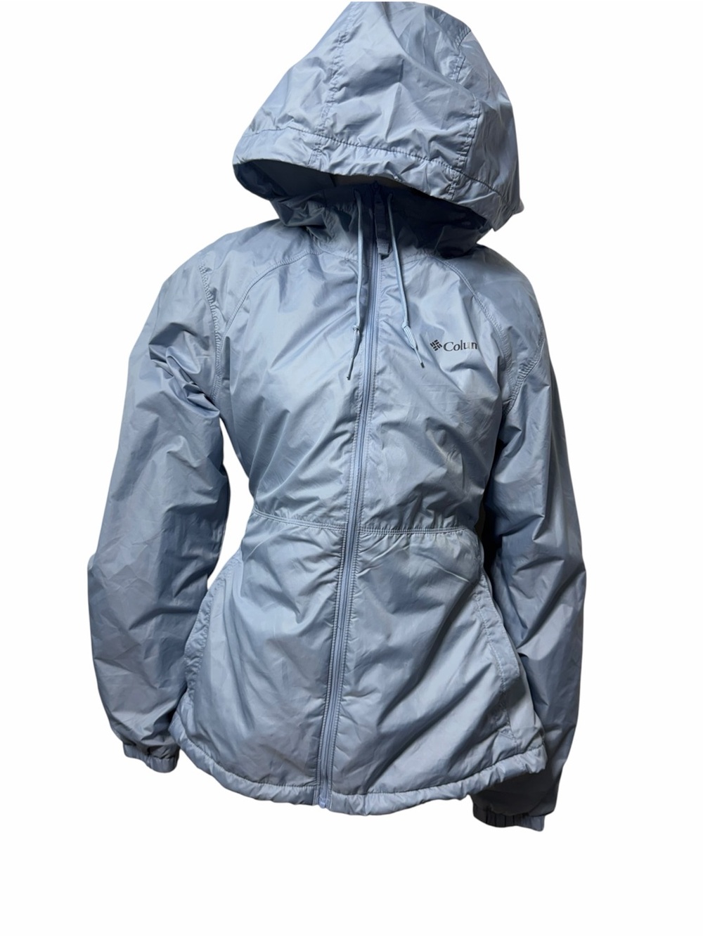 Columbia Light Blue Fleece Lined Hooded Rain Jacket Women’s M